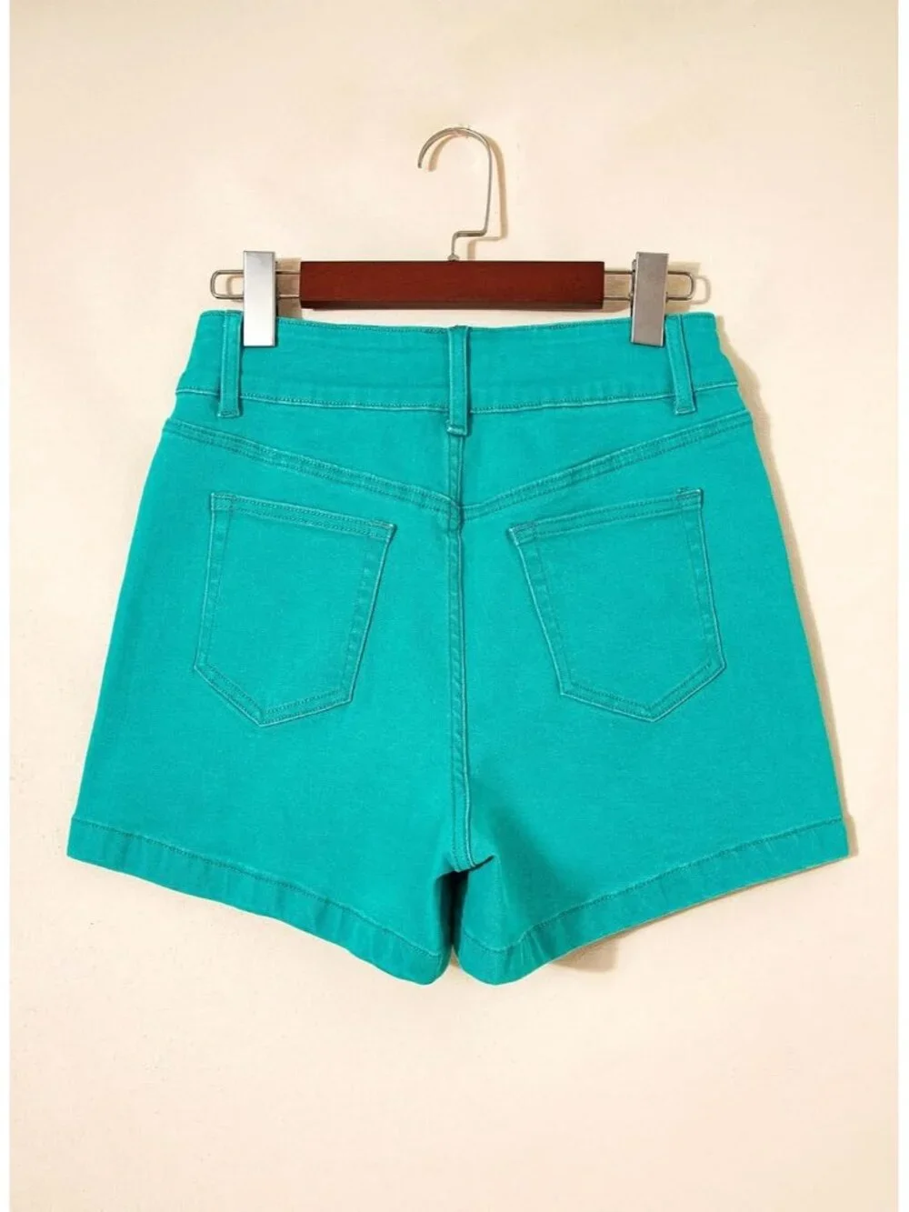 Women's Sea Green High Waisted Stretchy Shorts Double Button Denim Jean Shorts